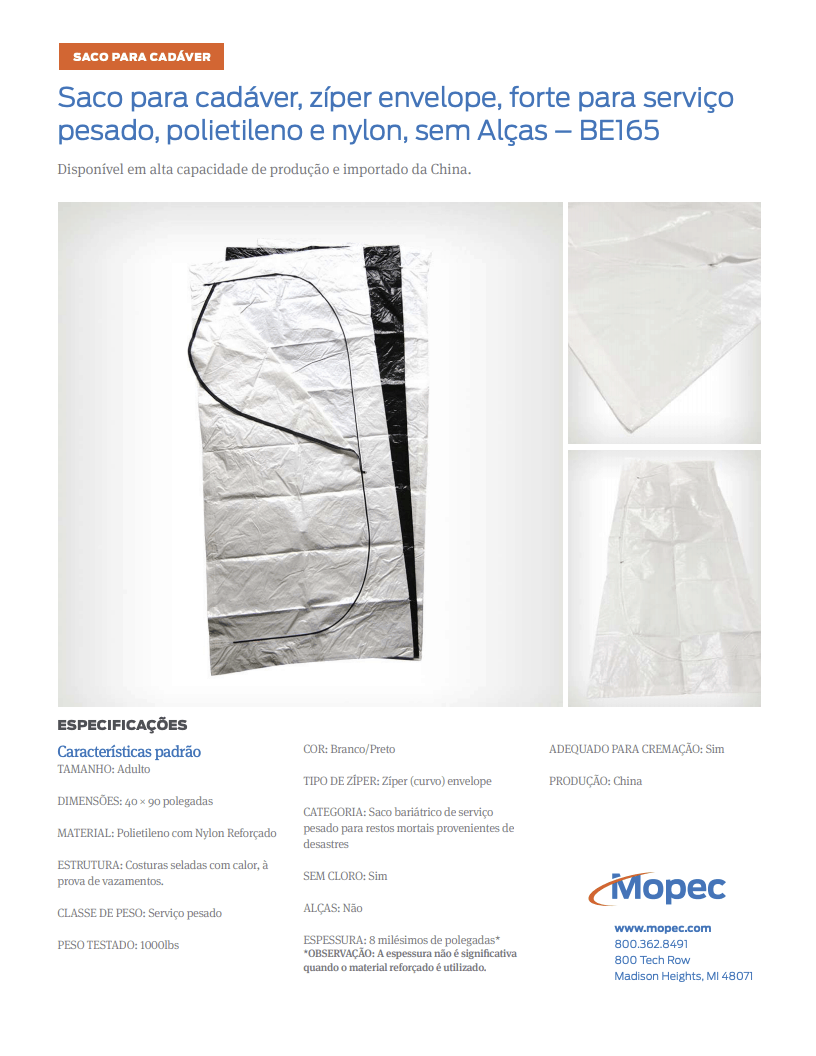 Download Mopec BE165 Spec Sheet - Portuguese