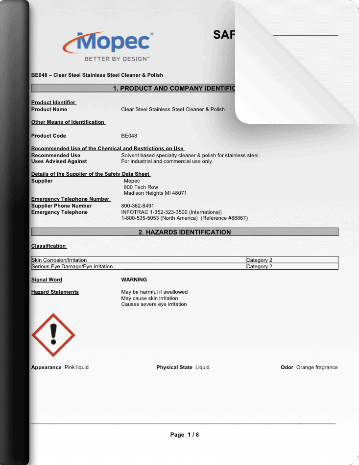 ClearSteel Spray SDS