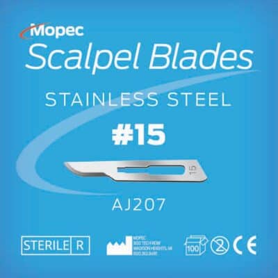 #15 Scalpel Blades, Stainless Steel, Sterile, 100 Pack - AJ207
