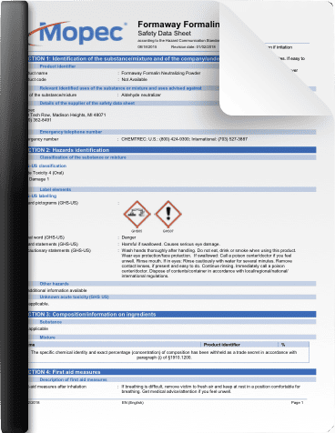 Mopec Formaway Formalin Neutralizing Powder SDS