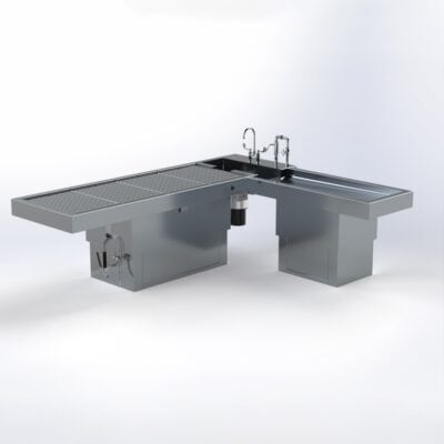 Pedestal Autopsy Table, L-Shaped, Right or Left Facing, with Optional Elevation