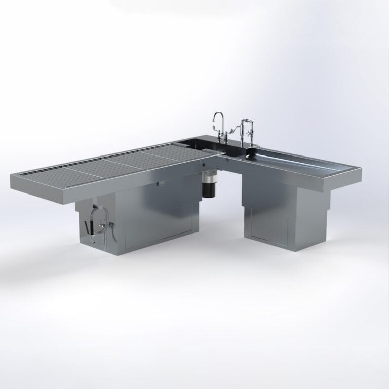 Pedestal Autopsy Table, L-Shaped, Right or Left Facing, with Optional Elevation